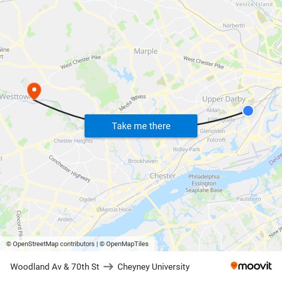 Woodland Av & 70th St to Cheyney University map