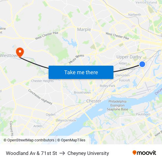 Woodland Av & 71st St to Cheyney University map