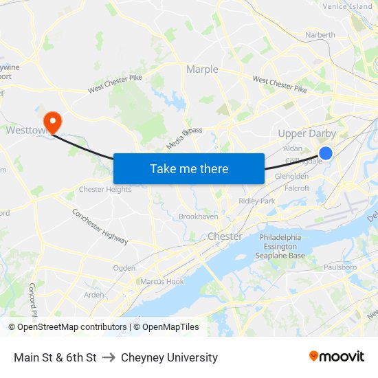 Main St & 6th St to Cheyney University map