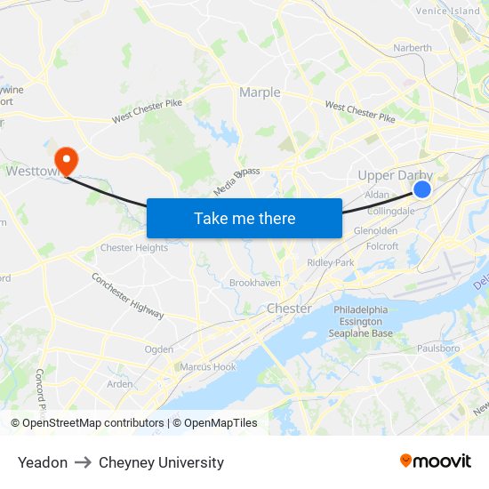 Yeadon to Cheyney University map