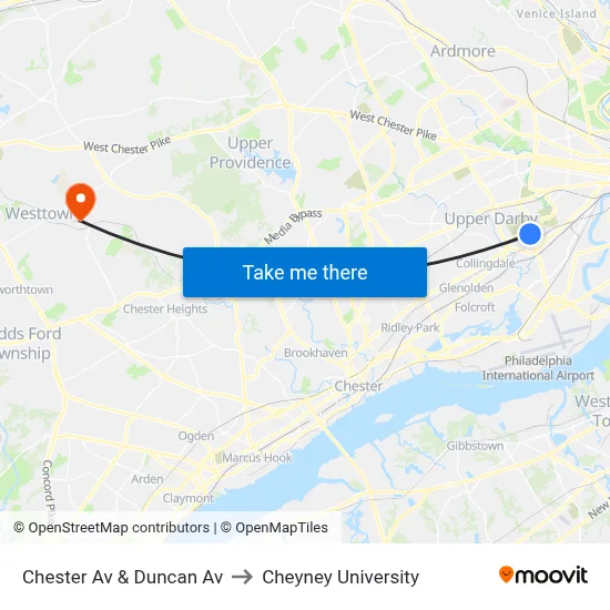 Chester Av & Duncan Av to Cheyney University map