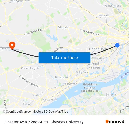 Chester Av & 52nd St to Cheyney University map