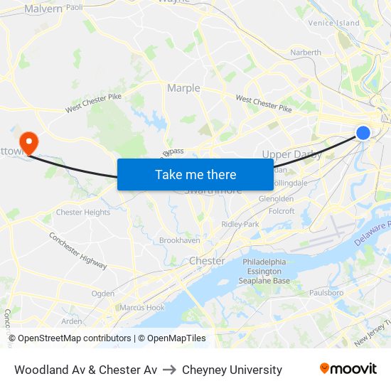 Woodland Av & Chester Av to Cheyney University map