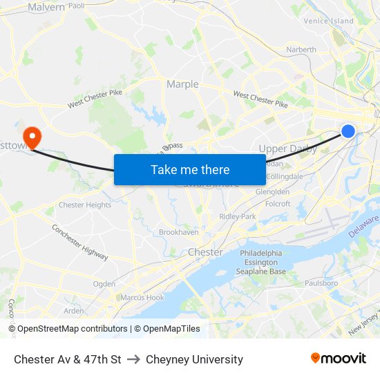 Chester Av & 47th St to Cheyney University map