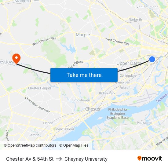 Chester Av & 54th St to Cheyney University map