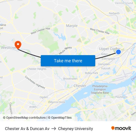 Chester Av & Duncan Av to Cheyney University map