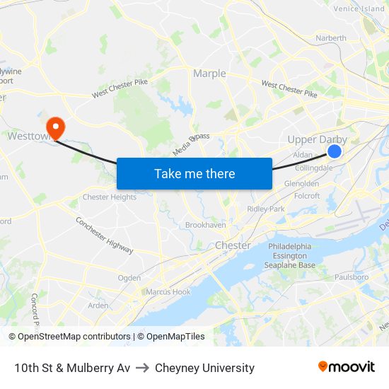 10th St & Mulberry Av to Cheyney University map