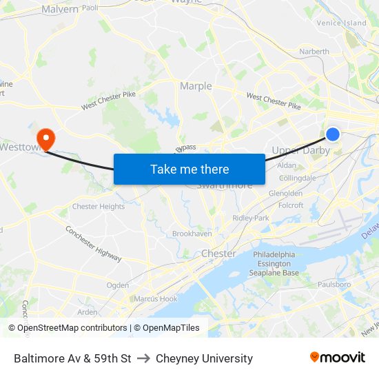 Baltimore Av & 59th St to Cheyney University map