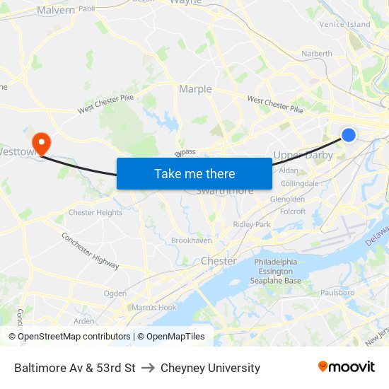 Baltimore Av & 53rd St to Cheyney University map