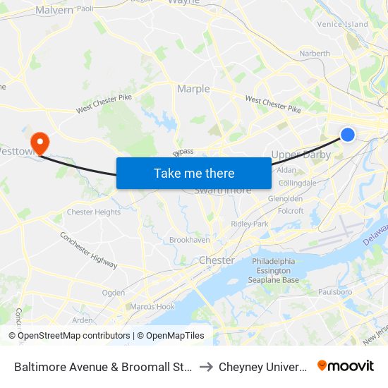 Baltimore Avenue & Broomall Street to Cheyney University map