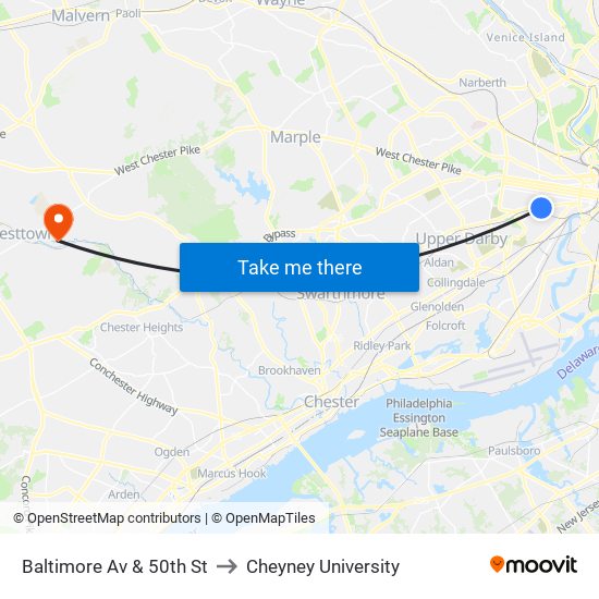 Baltimore Av & 50th St to Cheyney University map