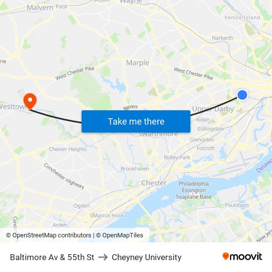 Baltimore Av & 55th St to Cheyney University map