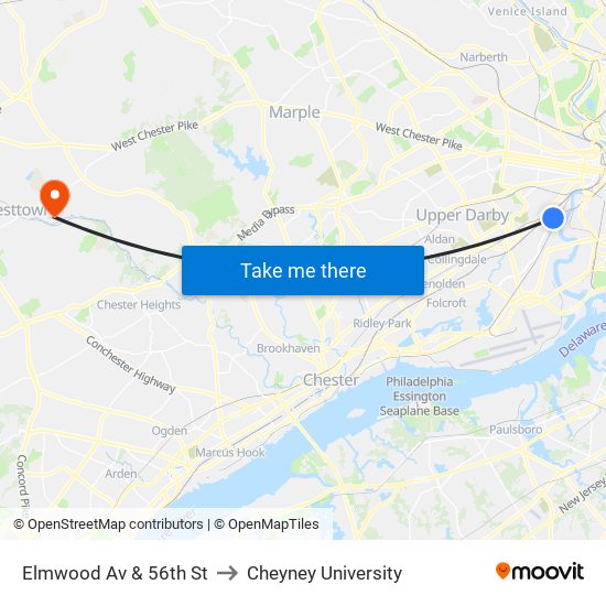 Elmwood Av & 56th St to Cheyney University map