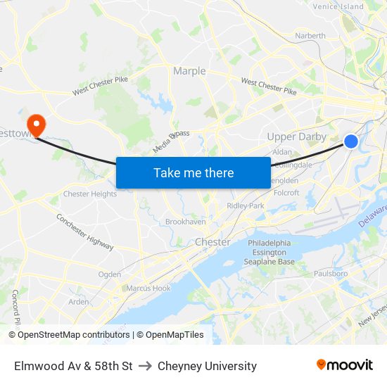 Elmwood Av & 58th St to Cheyney University map