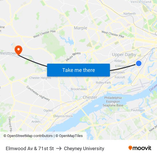 Elmwood Av & 71st St to Cheyney University map