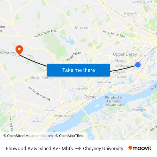Elmwood Av & Island Av - Mbfs to Cheyney University map