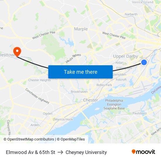 Elmwood Av & 65th St to Cheyney University map