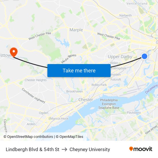 Lindbergh Blvd & 54th St to Cheyney University map