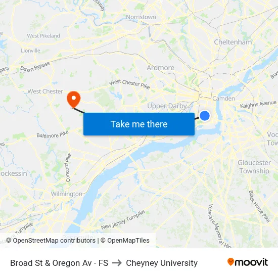 Broad St & Oregon Av - FS to Cheyney University map