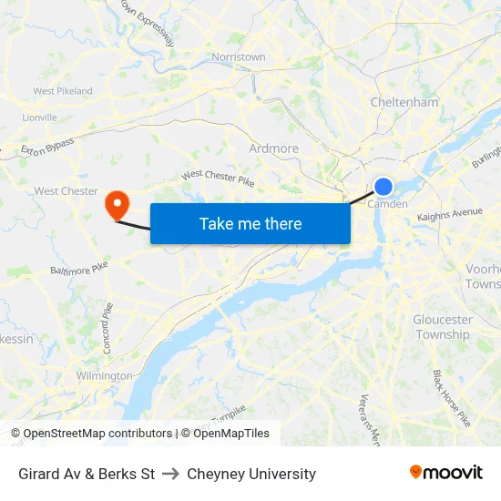 Girard Av & Berks St to Cheyney University map