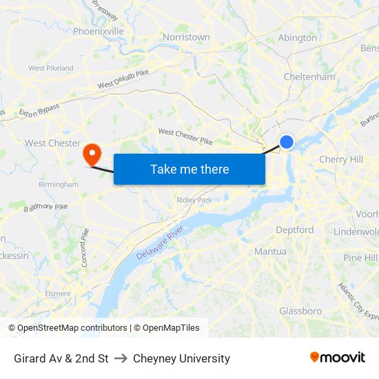 Girard Av & 2nd St to Cheyney University map