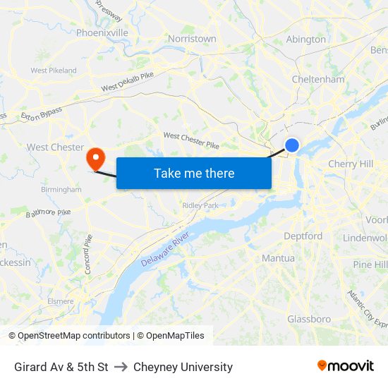 Girard Av & 5th St to Cheyney University map