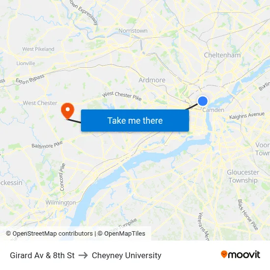 Girard Av & 8th St to Cheyney University map