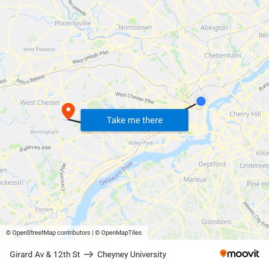 Girard Av & 12th St to Cheyney University map