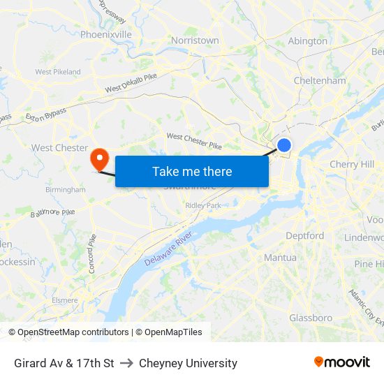 Girard Av & 17th St to Cheyney University map