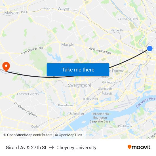 Girard Av & 27th St to Cheyney University map
