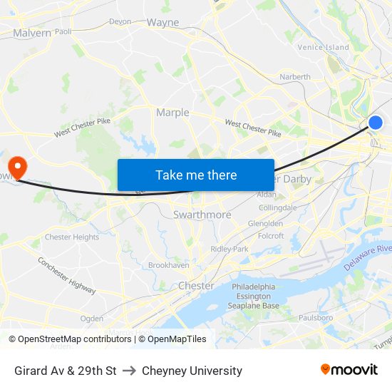Girard Av & 29th St to Cheyney University map