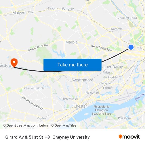 Girard Av & 51st St to Cheyney University map