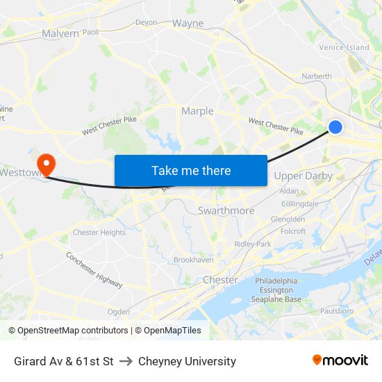 Girard Av & 61st St to Cheyney University map