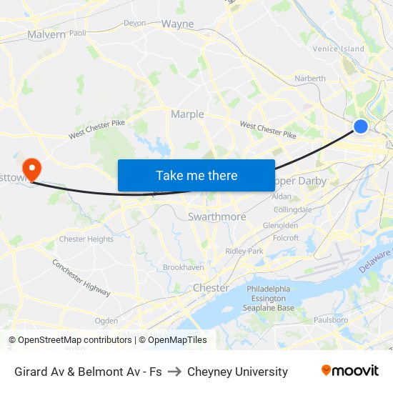 Girard Av & Belmont Av - Fs to Cheyney University map
