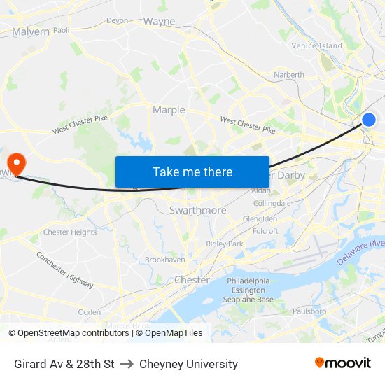 Girard Av & 28th St to Cheyney University map