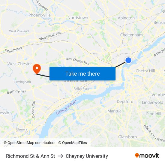 Richmond St & Ann St to Cheyney University map