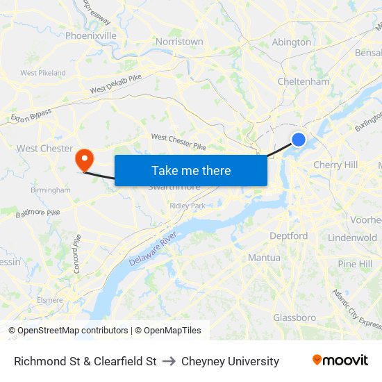 Richmond St & Clearfield St to Cheyney University map