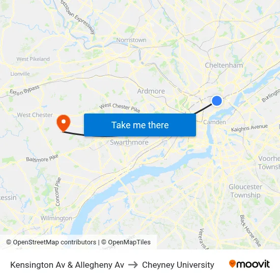 Kensington Av & Allegheny Av to Cheyney University map