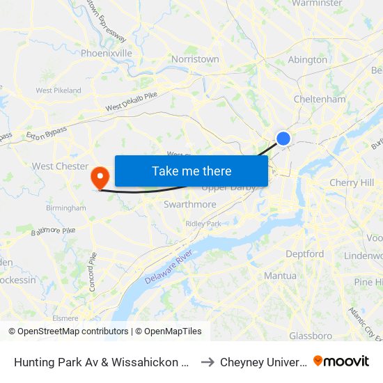 Hunting Park Av & Wissahickon Av - FS to Cheyney University map