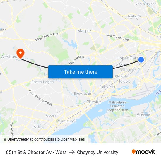 65th St & Chester Av - West to Cheyney University map
