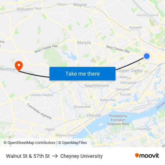Walnut St & 57th St to Cheyney University map