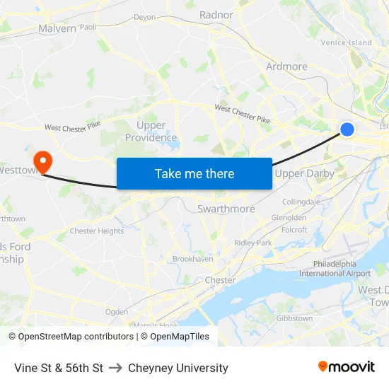 Vine St & 56th St to Cheyney University map