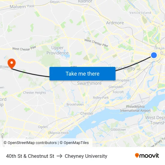 40th St & Chestnut St to Cheyney University map