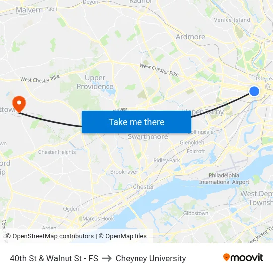 40th St & Walnut St - FS to Cheyney University map
