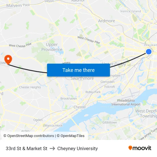 33rd St & Market St to Cheyney University map