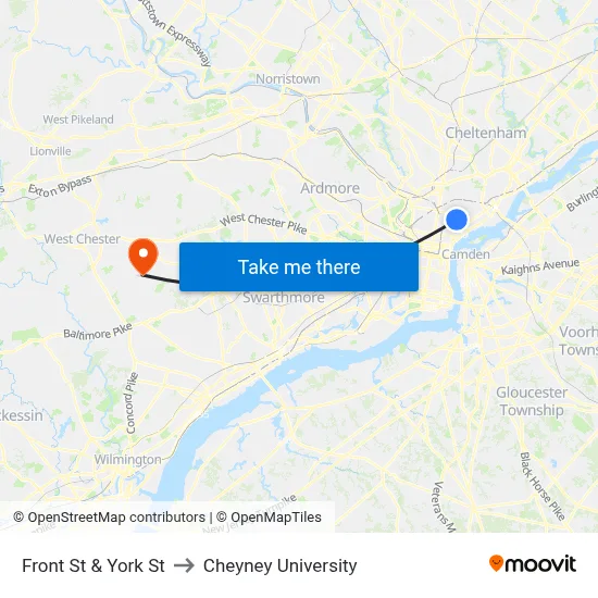 Front St & York St to Cheyney University map