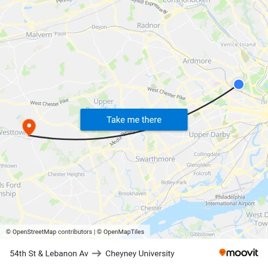 54th St & Lebanon Av to Cheyney University map