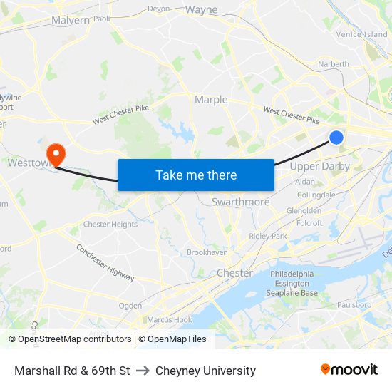 Marshall Rd & 69th St to Cheyney University map
