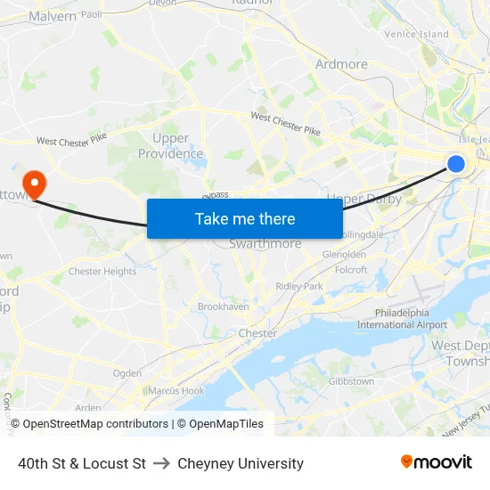 40th St & Locust St to Cheyney University map