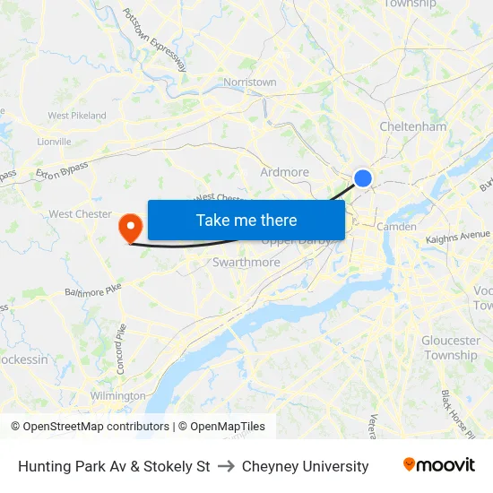 Hunting Park Av & Stokely St to Cheyney University map